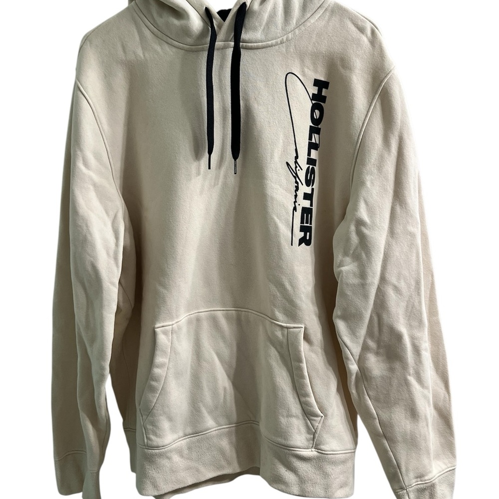 Hollister Men's XL Cream Hoodie with Black Text